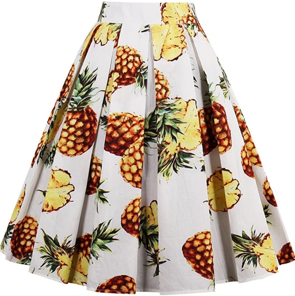Vintage A-line Printed Pineapple Pleated Flared Midi Skirts